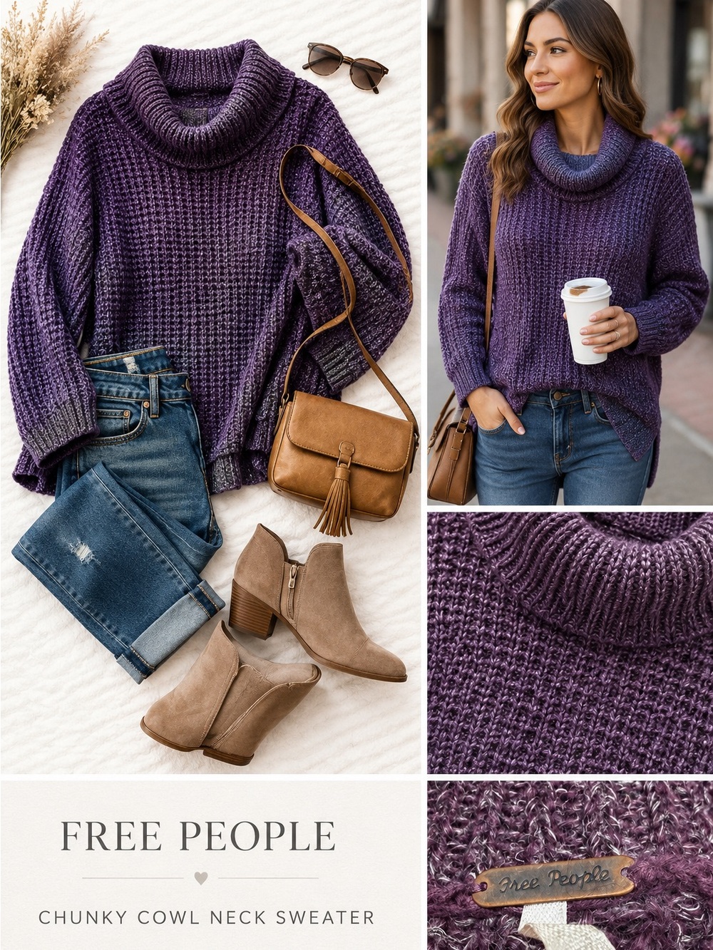 Free People Purple Chunky Cowl Neck Sweater